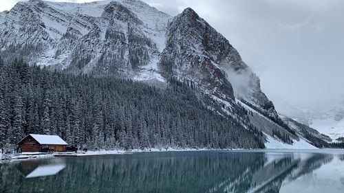 Scenic view of snowcapped mountains by lake against sky