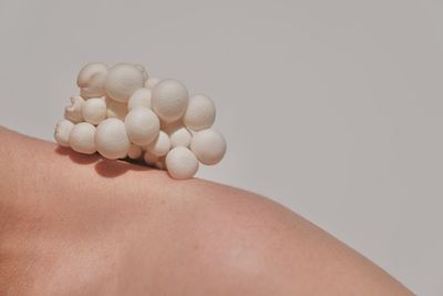 Close-up of mushrooms on shoulder against white background