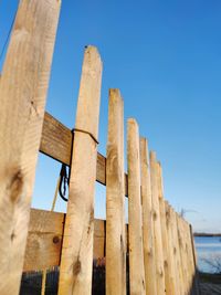 Low angle view of fence against clear blue sky