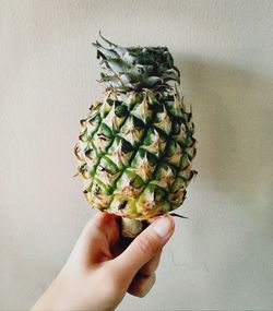 Cropped image of hand holding fruit over white background