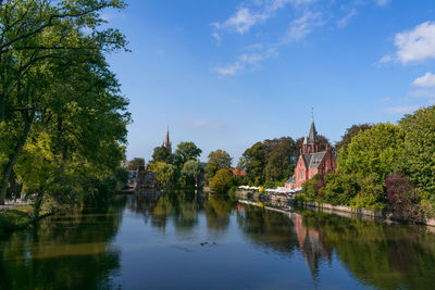 Scenic view of river by buildings against sky