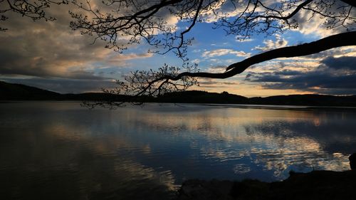 Scenic view of lake against sky at sunset