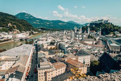 High angle shot of townscape against sky