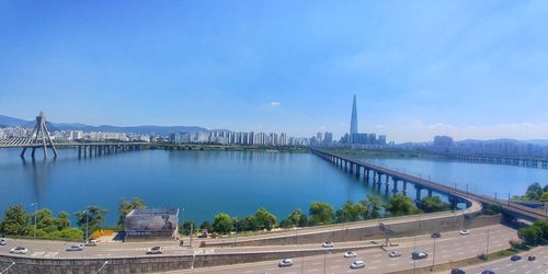 High angle view of bridge over river against sky