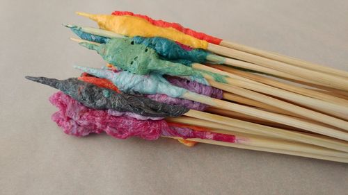 High angle view of multi colored pencils on table