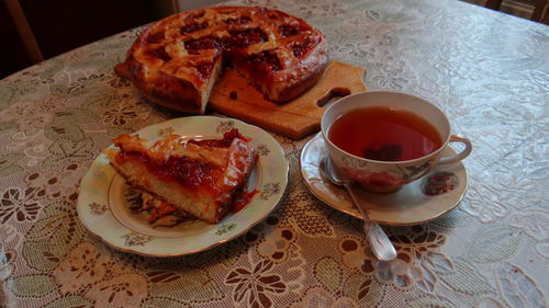 Close-up of breakfast served on table