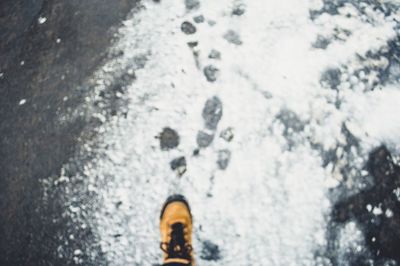 Low section of person standing on snowcapped mountain