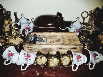 High angle view of decorations on table