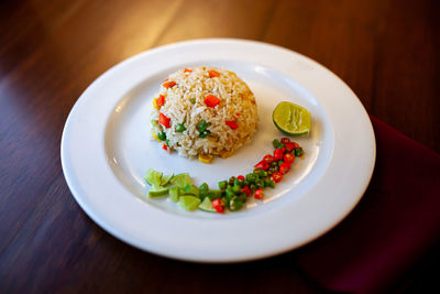High angle view of meal served on table