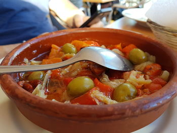 High angle view of vegetables in bowl on table