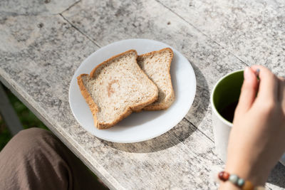 High angle view of breakfast on table