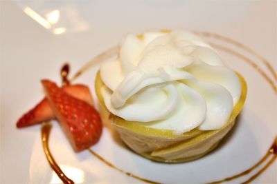 Close-up of dessert served on table