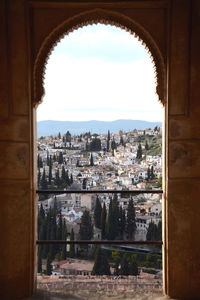 Buildings seen through window