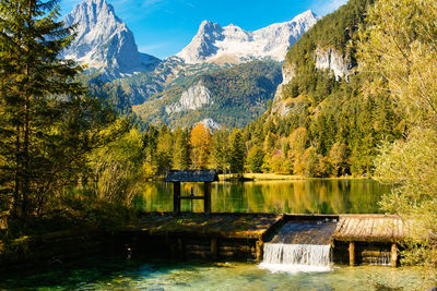 Scenic view of lake and mountains against sky