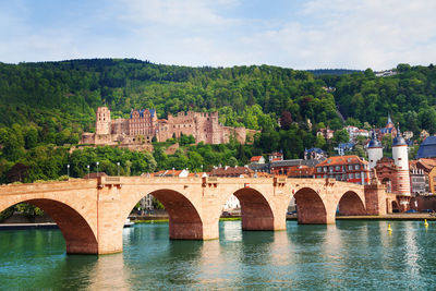 Arch bridge over river against sky