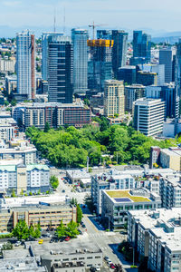 A view from above of buildings in seattle, washington.