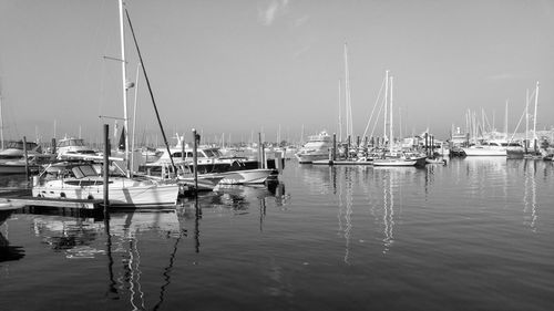 Boats moored on river against sky