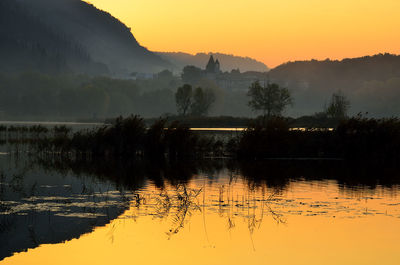 Scenic view of lake during sunset