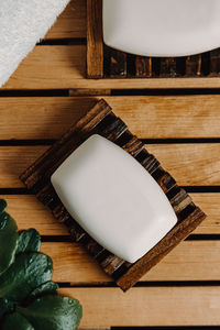 Close-up of soap on table with towel