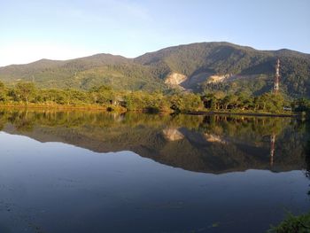 Scenic view of lake and mountains against sky