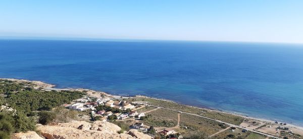 High angle view of sea against clear sky