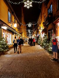 Rear view of people walking on illuminated street at night