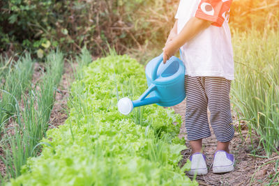 Low section of woman holding umbrella standing by plants