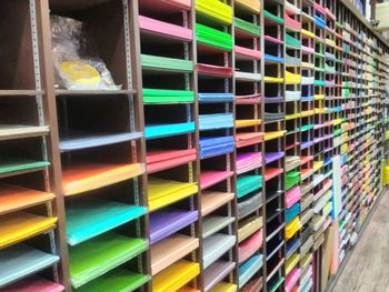 Close-up of colorful shelf
