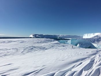 Snow covered landscape against clear blue sky