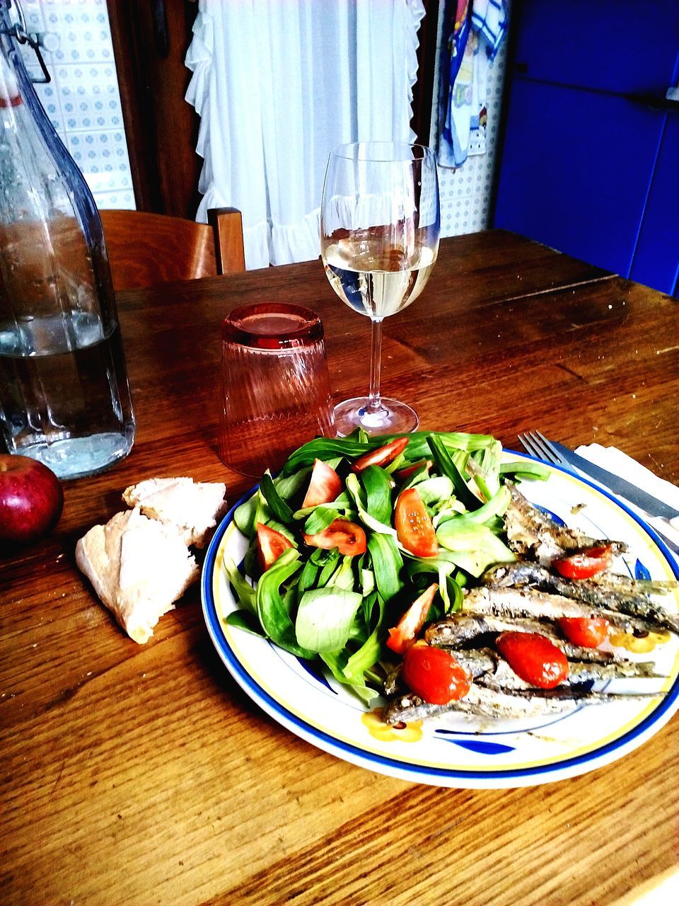 table, food and drink, food, indoors, freshness, plate, healthy eating, ready-to-eat, drinking glass, still life, bowl, drink, wood - material, serving size, salad, served, refreshment, high angle view, glass - material, meal