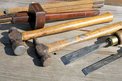 High angle view of hand tools on table