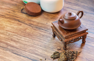 High angle view of tea on table