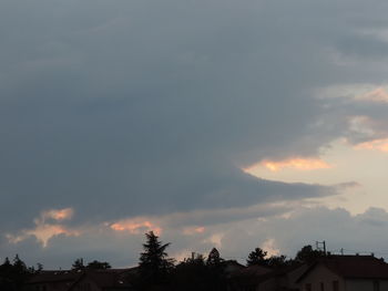 Low angle view of silhouette trees and buildings against sky