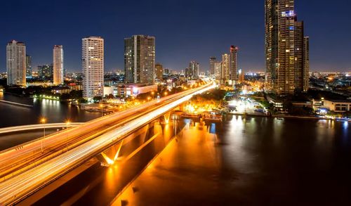 Illuminated city buildings at night