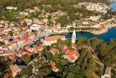 Aerial view of veli losinj town in losinj island, the adriatic sea in croatia