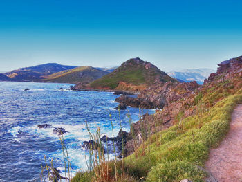 Scenic view of sea against clear blue sky