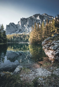 Scenic view of lake by mountains against sky