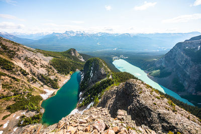 Lakes agnes and lake louise as seen from devil's thumb peak in banff