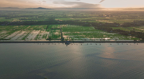 Aerial view of agricultural field against sky