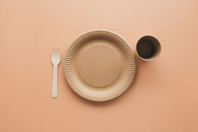 Various eco-friendly kraft paper packaging, fork, cup and plate, containers for takeaway food