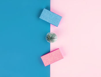 Directly above shot of potted plant on table against blue background