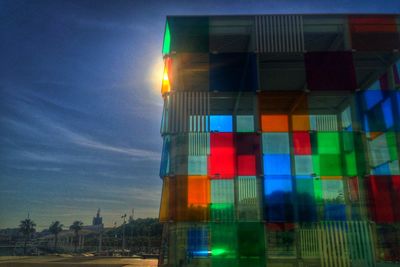Low angle view of illuminated built structure