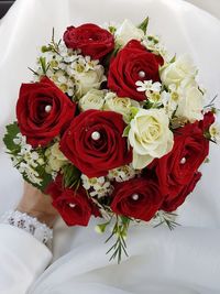 High angle view of rose bouquet on table