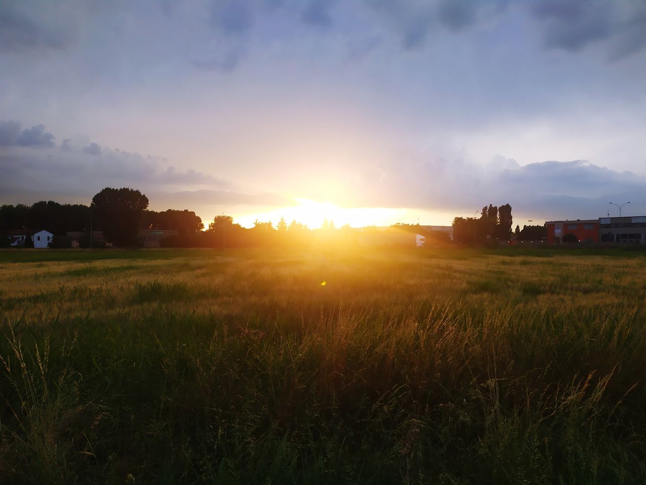 sky, horizon, landscape, morning, environment, nature, field, cloud, plant, land, dawn, sunrise, grass, sunlight, rural scene, sun, scenics - nature, beauty in nature, architecture, hill, plain, agriculture, tranquility, built structure, sunbeam, no people, prairie, tranquil scene, building, building exterior, lens flare, rural area, cereal plant, twilight, crop, outdoors, summer, farm, idyllic, tree, meadow, back lit, dramatic sky, grassland, non-urban scene, house, growth, horizon over land, travel, orange color, urban skyline, residential district, cloudscape, travel destinations, blue, natural environment