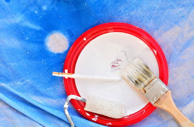 High angle view of paintbrushes on table