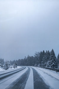 Road amidst trees against sky during winter