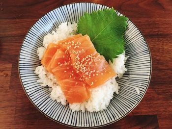 High angle view of sushi served on table