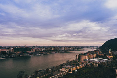 High angle view of sea against sky during sunset