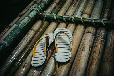 High angle view of shoes on wood