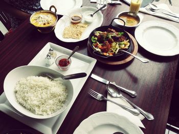 High angle view of breakfast served on table